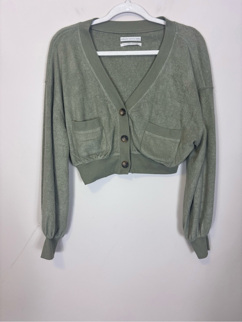 Urban Outfitters Sage Green Fleece Cropped V-Neck Cardigan Sweater Small